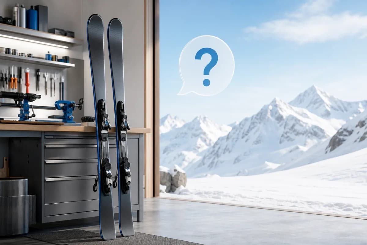 Skis dans un atelier face à la montagne, avec un symbole de question