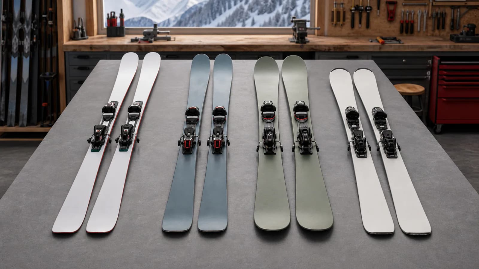 Quatre paires de skis de piste, all-mountain, freeride et freestyle comparées sur un établi