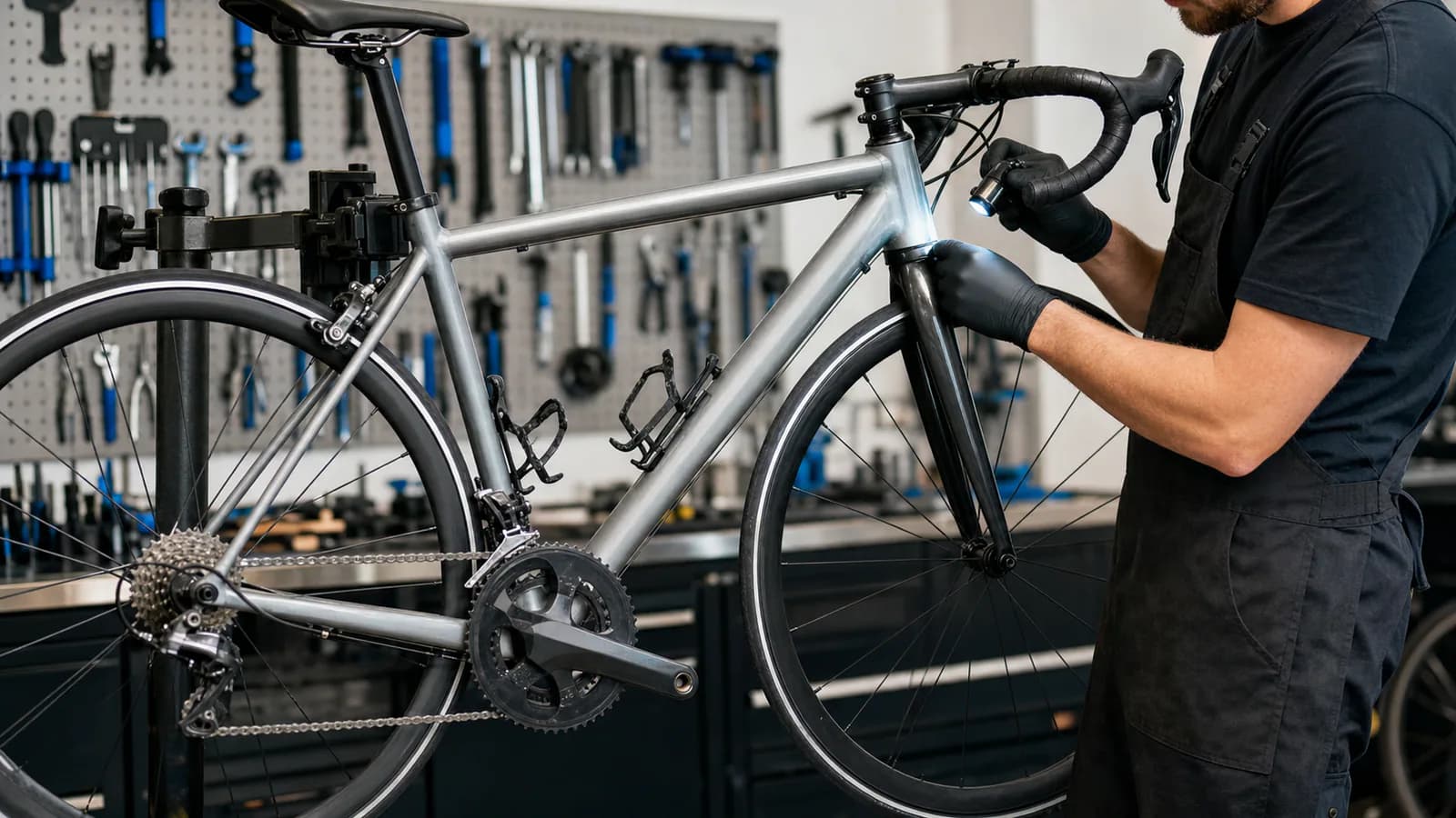 Un mécanicien inspecte avec précision le cadre et la fourche d'un vélo de route d'occasion