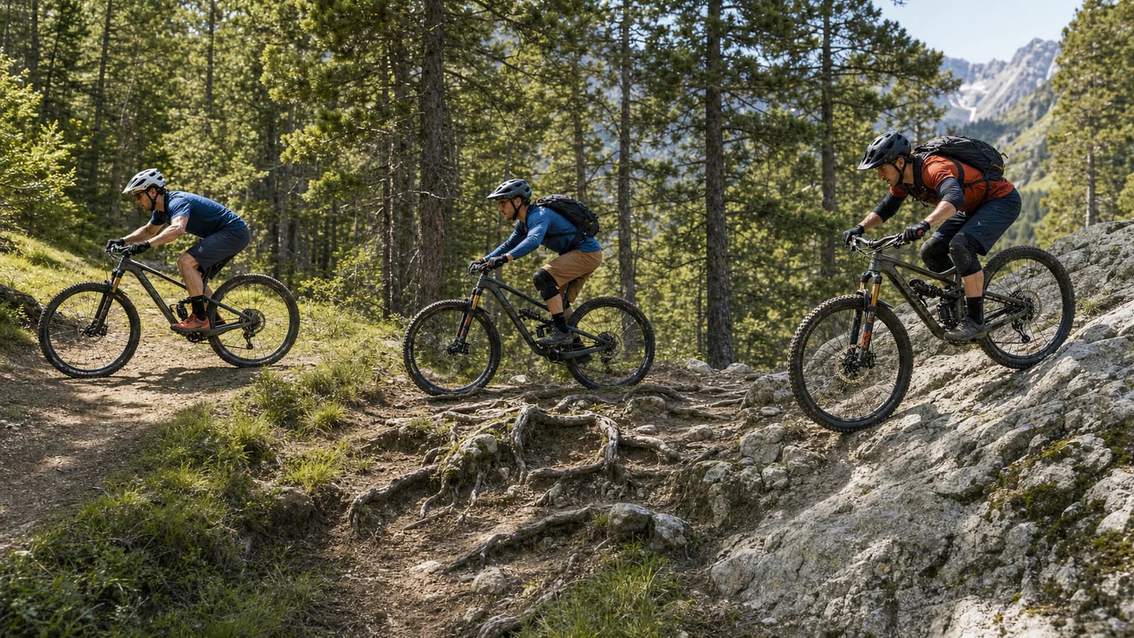 Trois vététistes en positions XC, trail et enduro sur des terrains de difficulté croissante
