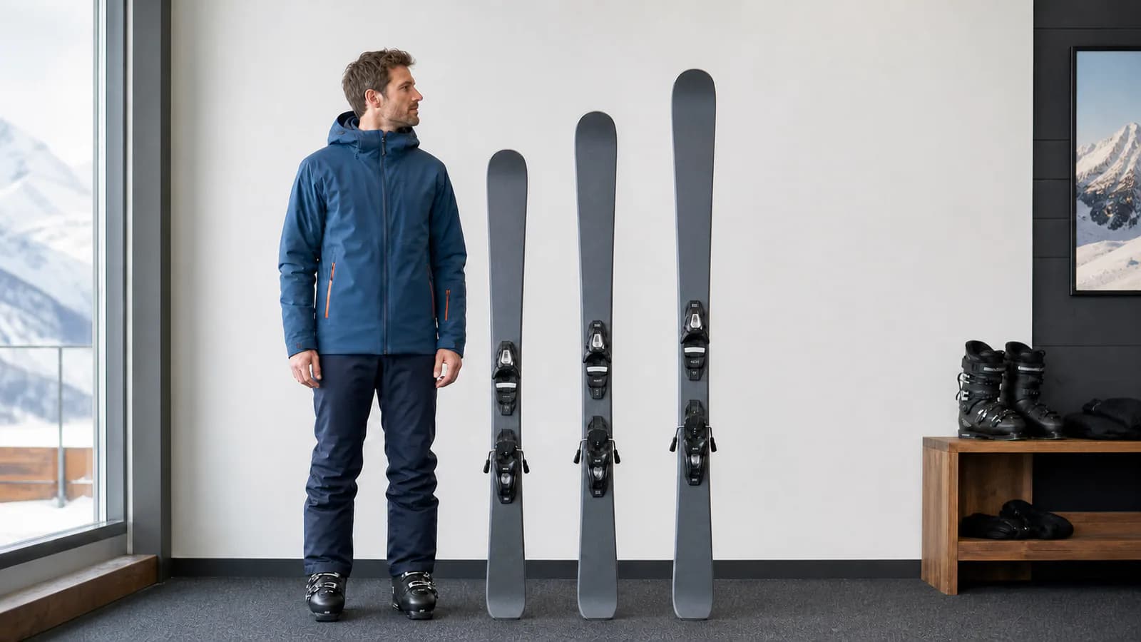 Un skieur compare trois longueurs de skis placées à côté de sa silhouette