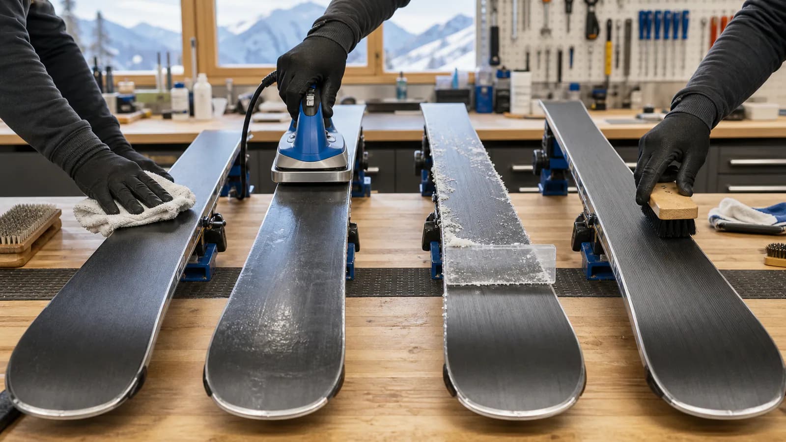Les étapes de nettoyage, fartage, raclage et brossage de quatre skis dans un atelier