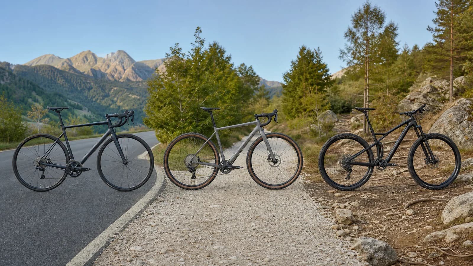 Un vélo de route, un gravel et un VTT alignés sur leurs terrains respectifs en montagne