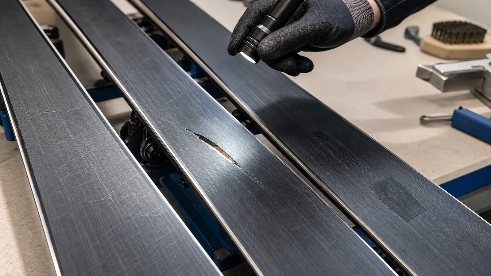 Trois semelles de skis montrent des rayures superficielles, une entaille profonde et une réparation