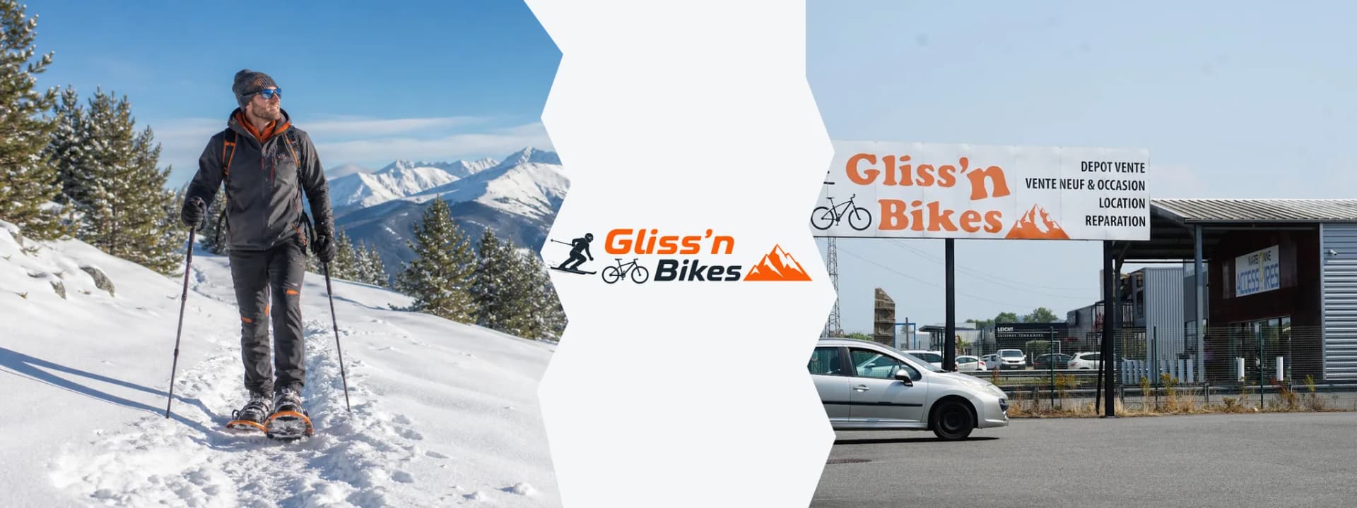 Pratiquant en raquettes dans les Pyrénées et magasin GLISS'N BIKES