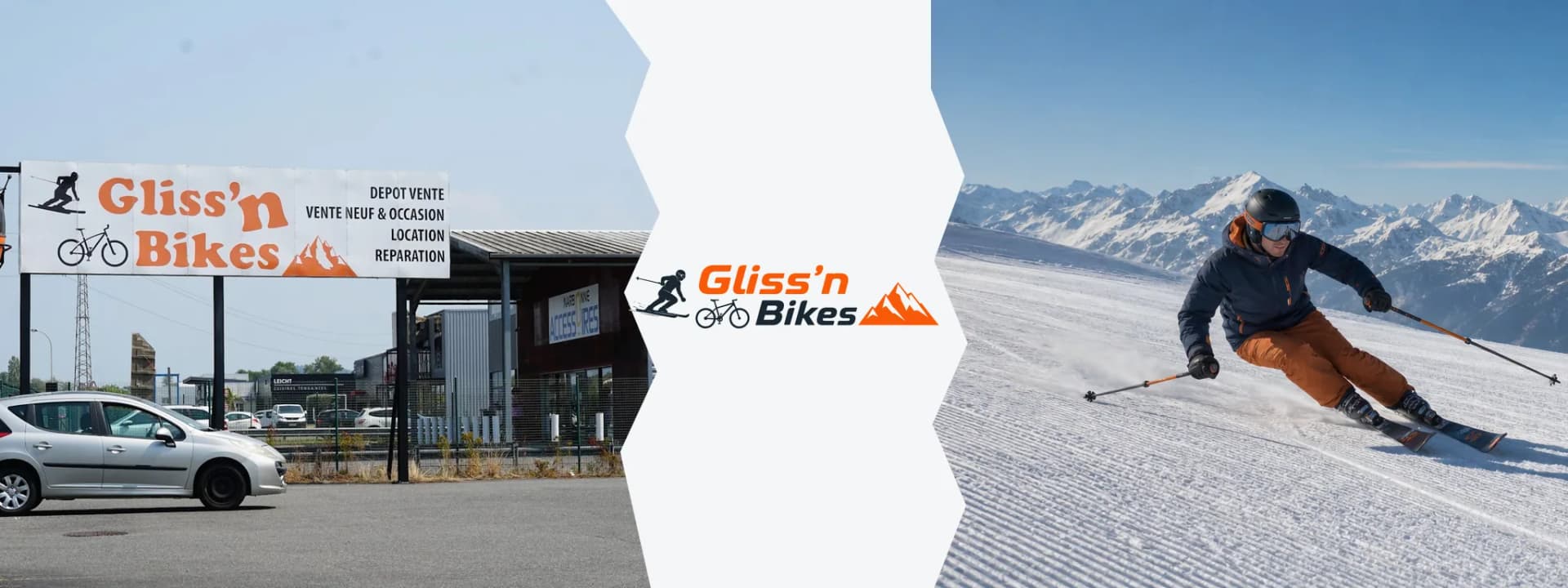 Magasin GLISS'N BIKES et skieur alpin sur une piste enneigée